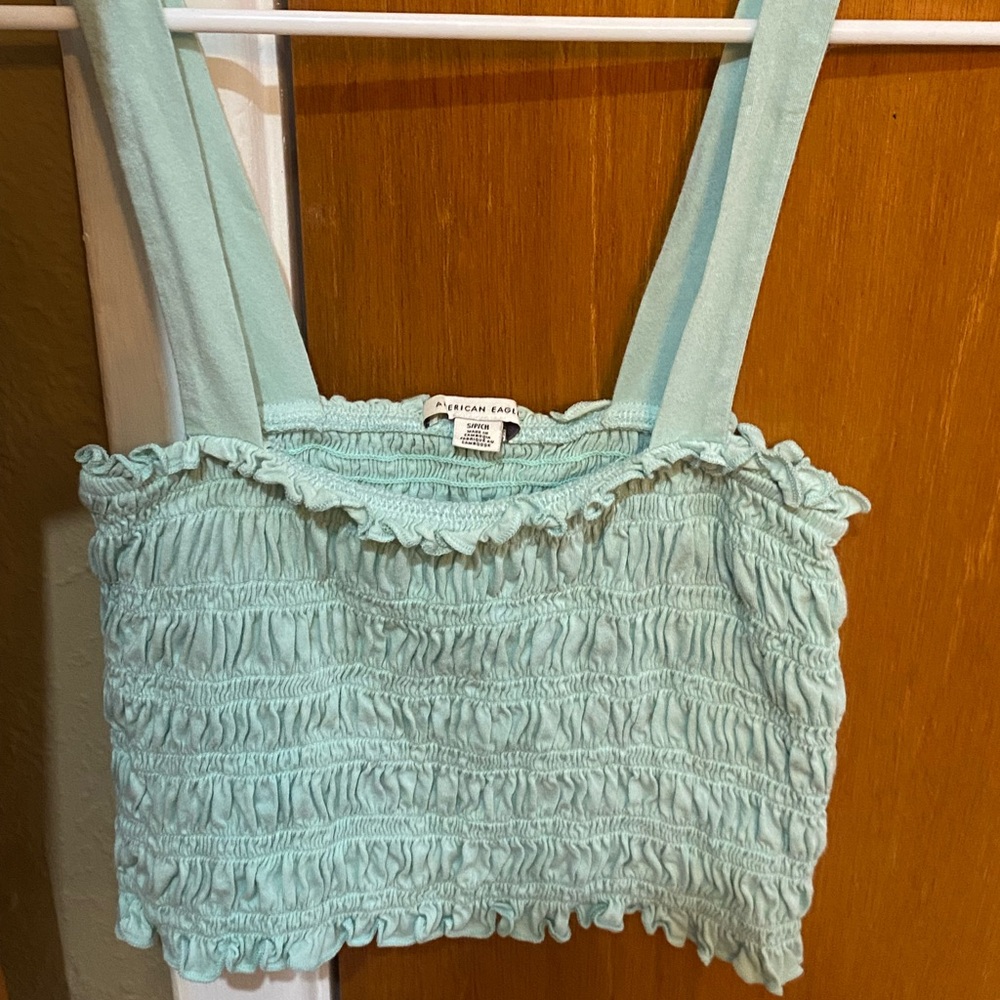 American Eagle Outfitters Green Smocked Ruffled Tank Top